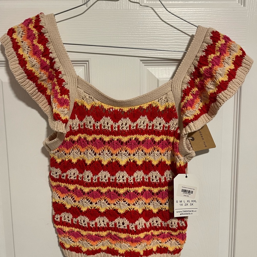 Blu Pepper Red and Cream Ruffled Flutter Sleeve Crochet Tank Top